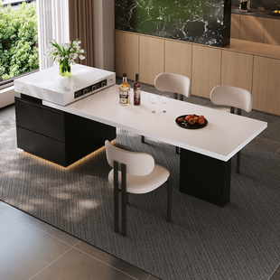 简桌现代简约岩板岛台餐桌一体可伸缩储物导台小户型家用中岛台