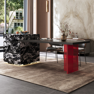 简桌岛台餐桌一体可伸缩意式 防水防潮中岛台 极简导台轻奢设计师款