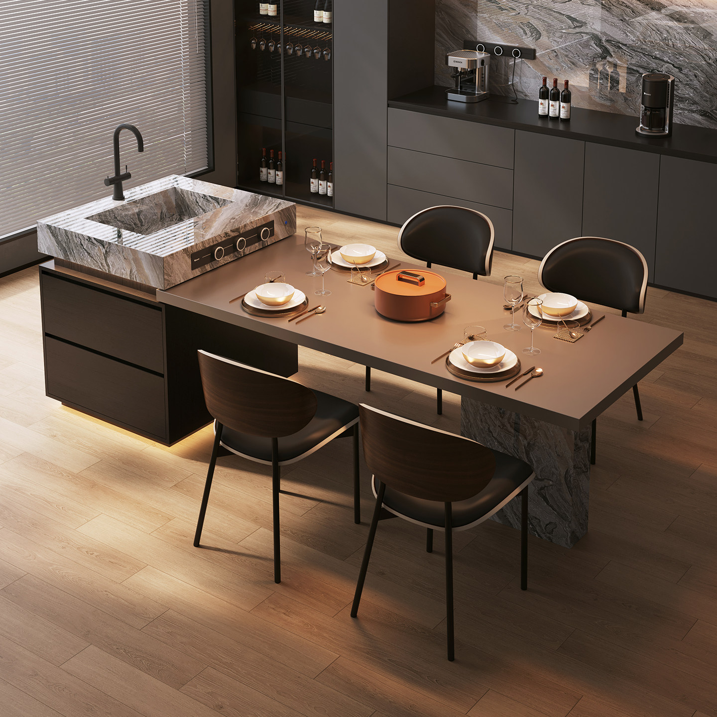 简桌威尼斯棕意式岛台餐桌一体高级感家用餐厅可伸缩中导台可定制,住宅家具,岛台餐桌,淘宝优惠券,粉丝福利购,淘宝优惠卷