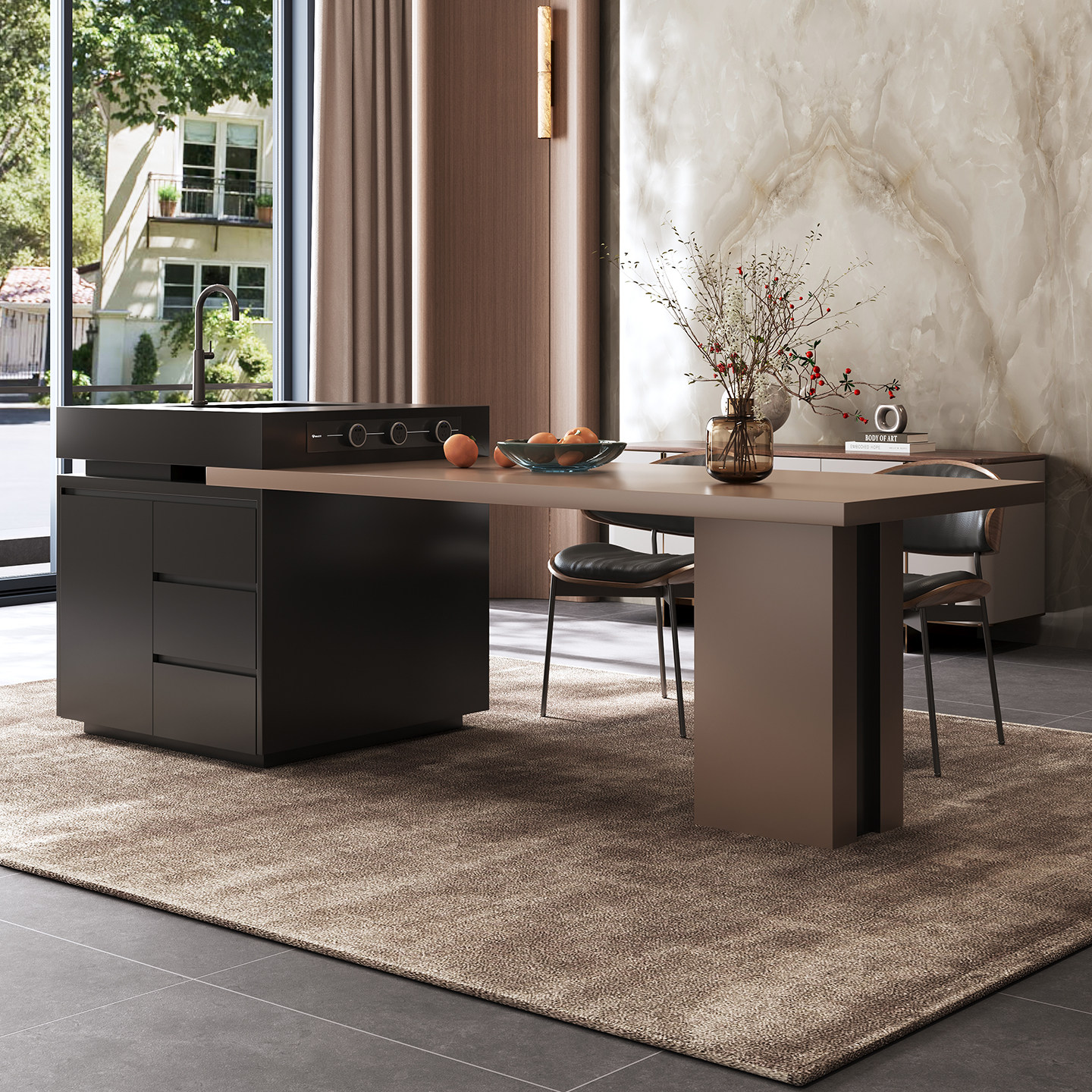 简桌2025新款岛台餐桌一体可伸缩家用小户型带储物轻奢岩板中岛台