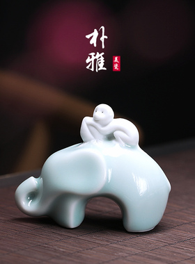 朴雅 马上封侯茶宠摆件哥窑可养冰裂釉 封侯拜相青瓷茶玩茶道配件