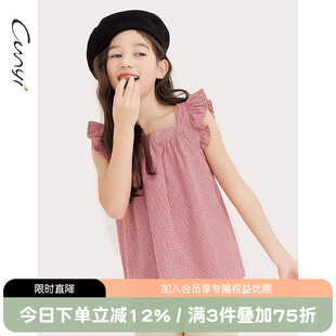 儿童甜美格纹小飞袖 Cunyi纯一良品童装 新品 女童娃娃衫 上衣 夏季