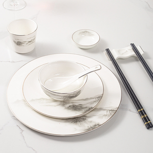 高档酒店摆台餐具套装新中式山水酒楼餐厅饭店会所招待碗碟套装