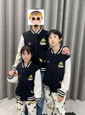 亲子装一家四口棒球衫The Grinch绿毛怪儿童棒球服黑色开衫外套