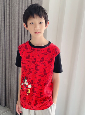 140-160原单尾货男大童短袖t恤米奇t恤儿童红色短袖男童男孩半袖