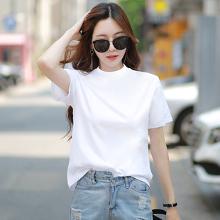 2026夏季新款女装白色半高领短袖T恤女宽松中领休闲百搭上衣ins风