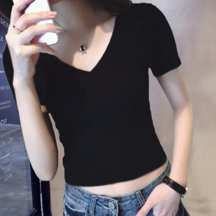 夏季 女高腰棉质紧身黑色v领t恤上衣漏脐体恤短装 露脐短袖 2021短款