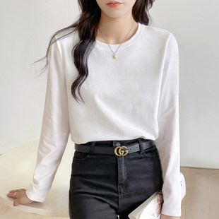 白色长袖t恤女宽松加绒加厚上衣2025新款春秋内搭打底衫棉质体恤