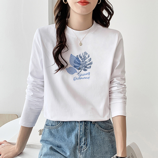 中领上衣服 2026新款 白色长袖 t恤女宽松内搭半高领棉质正肩打底衫