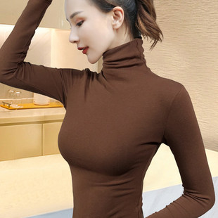 咖色加绒加厚高领内搭打底衫女秋冬长袖T恤修身显瘦保暖新款上衣