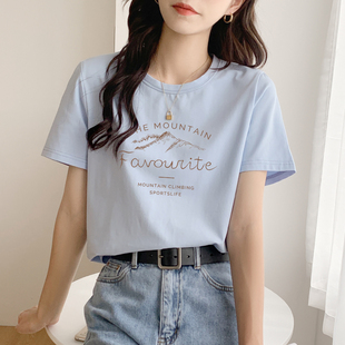 浅蓝t恤女短袖宽松夏日多巴胺穿搭正肩半袖百搭体恤2025新款上衣