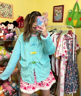 自制粉蓝两色爱心毛绒复古软妹可爱原宿少女感古着辣妹日系外套