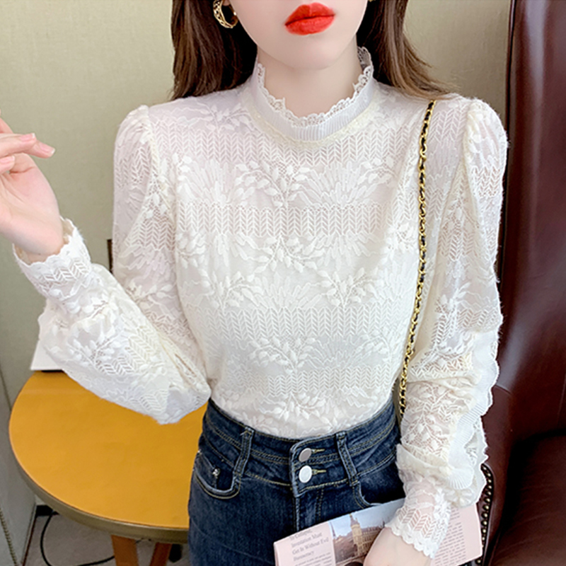 洋气立领蕾丝打底衫女长袖春秋新款法式气质内搭小衫大码女装上衣