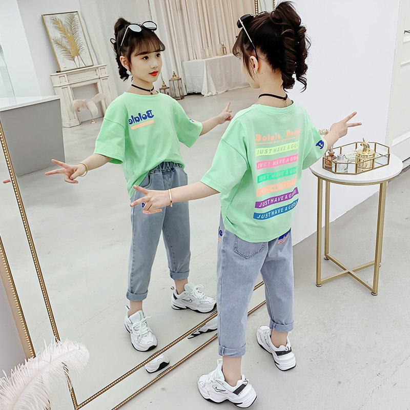 大童女装一米二三四五六年级七八九十岁小孩夏衣服女孩短袖套装绿
