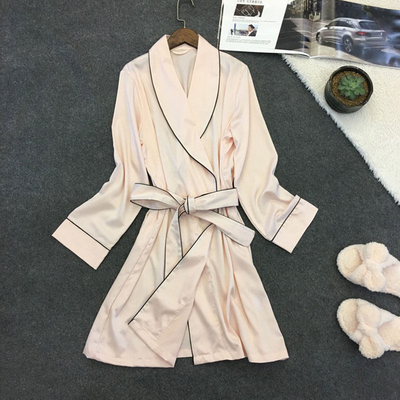 真丝睡袍女夏季冰丝绸性感睡衣粉色浴袍春秋薄款中长款美容院浴衣