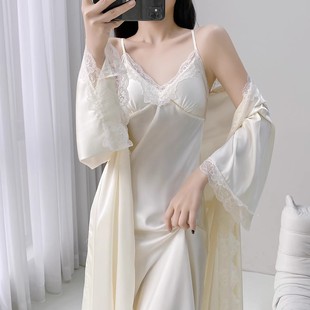 性感睡衣女带胸垫夏季冰丝蕾丝纯欲吊带长款睡裙女春秋薄款家居服