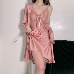 2025年新款睡衣女款性感夏季冰丝绸高级感吊带胸垫睡裙春秋两件套