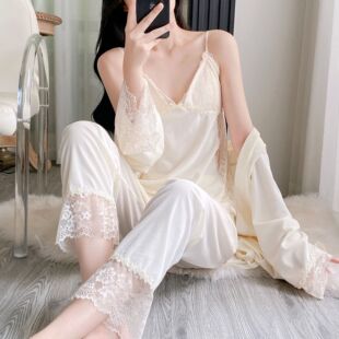 金丝绒睡衣女可外穿冬季性感蕾丝吊带胸垫小个子家居服薄绒三件套