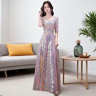 新款亮片大合唱演出服女长裙晚礼服伴娘宴会舞台主持人诗歌朗诵服