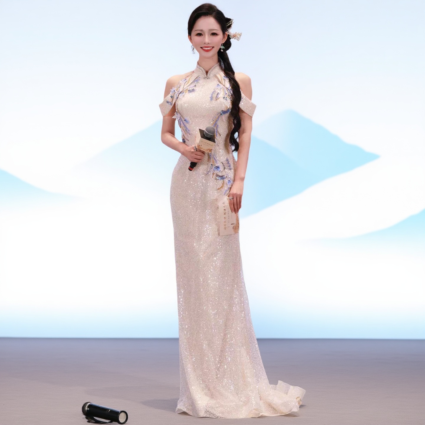 旗袍主持人宴会晚礼服比赛艺考朗诵歌曲演出服古筝表演舞台服装女