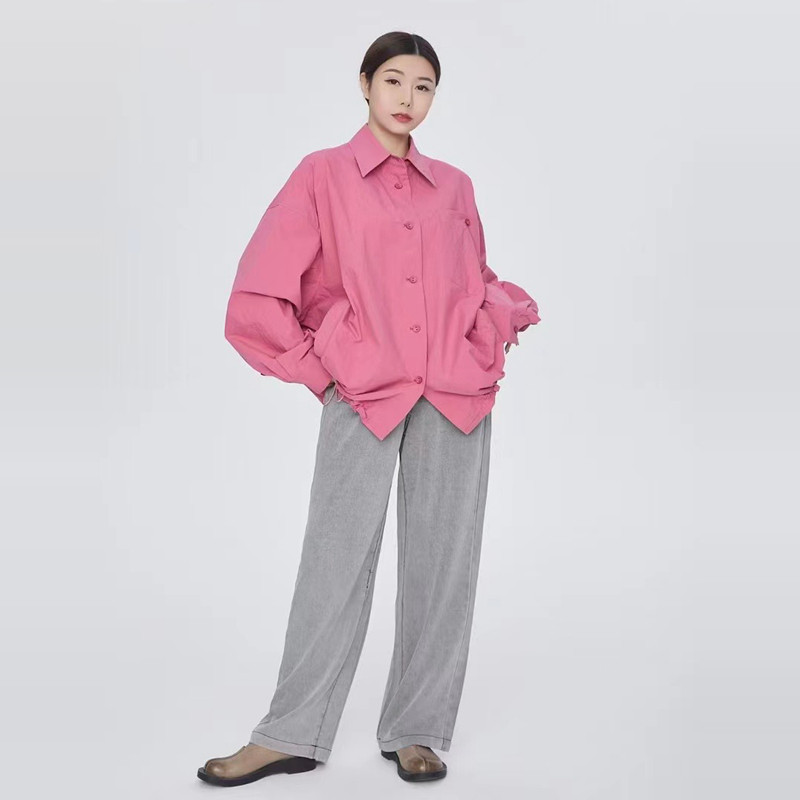 紫布语C125韩版休闲简约纯色大兜抽褶宽松中长款翻领衬衫女秋