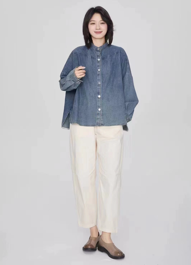 紫布语2025秋季新款休闲女单排扣前短后长牛仔衬衫上衣ZBY270
