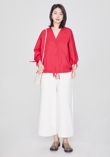 翠色嘉人2026春季时尚气质休闲袖口下摆可抽绳设计女上衣衬衣5051