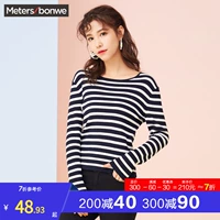 Áo len dệt kim métbonwe nữ 2018 thu đông mới áo len cổ tròn sọc - Áo / áo thun ao nu