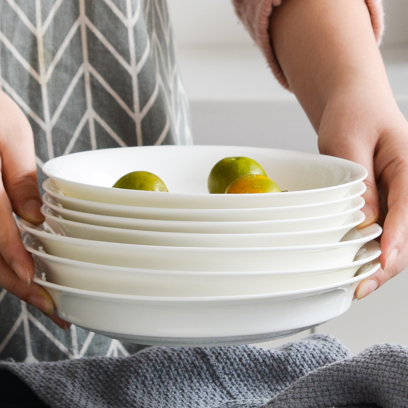 白色骨瓷盘子家用菜盘子圆形深盘子汤盘沙拉盘饭盘8英寸陶瓷餐盘
