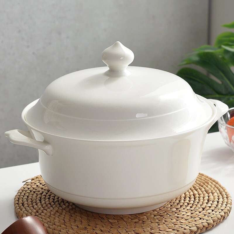 纯白骨瓷9英寸品锅双耳汤碗带盖子大号家用陶瓷汤锅大汤盘白瓷汤