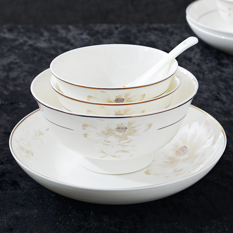 唐山骨瓷吃饭的碗碟套装家用陶瓷面碗米饭碗防烫高脚碗盘组合餐具