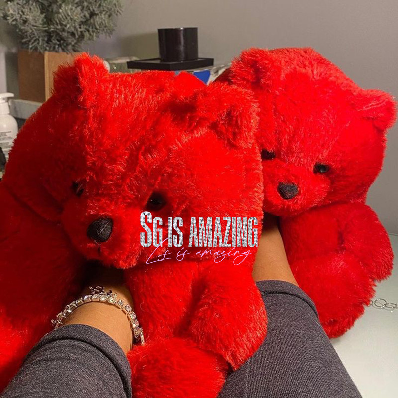 可爱泰迪熊毛绒拖鞋女冬季包跟卡通草莓熊棉鞋柔软熊猫居家棉拖鞋