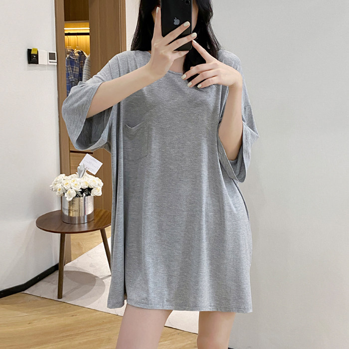 莫代尔短袖睡裙女夏季大码宽松简约纯色中长款睡衣家居服新款网红