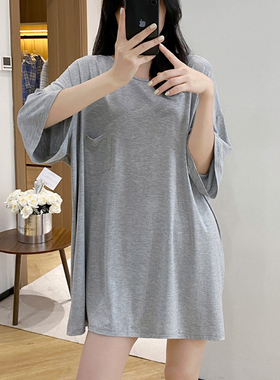 莫代尔短袖睡裙女夏季大码宽松简约纯色中长款睡衣家居服新款网红