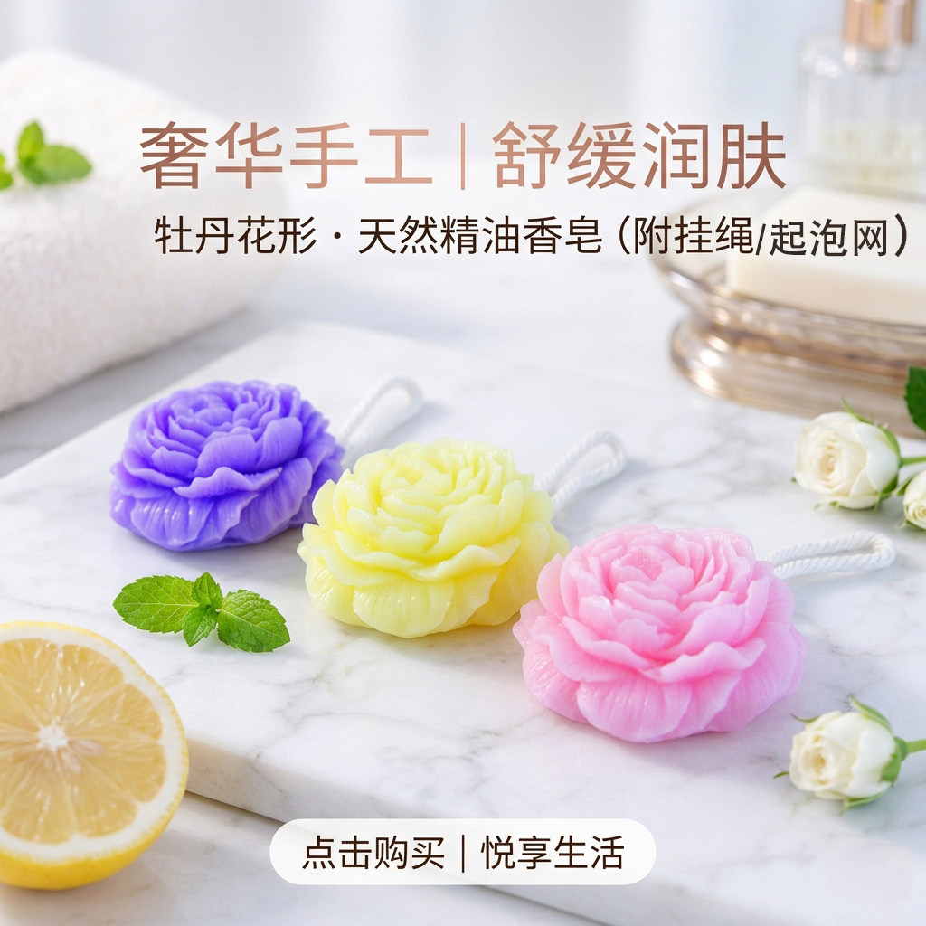 牡丹精油皂奢华手工牡丹花形天然精油香皂舒缓润肤起泡网洗澡神器