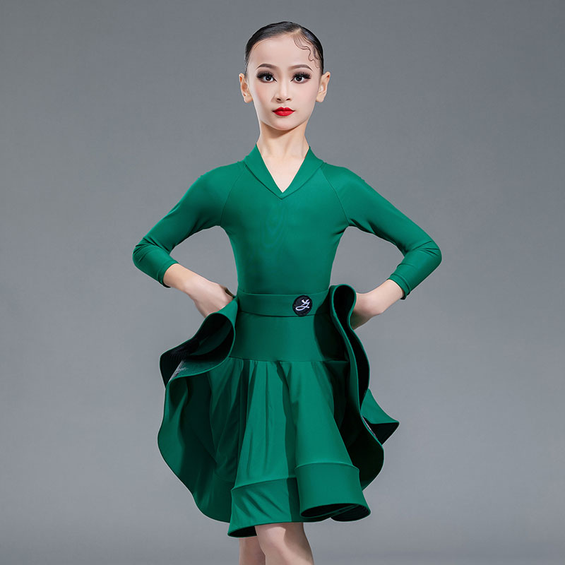 墨绿V领拉丁舞比赛服标准规定服连衣裙拉丁舞裙女童舞蹈服大裙摆