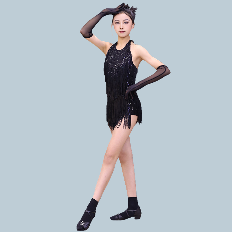 2025新款拉丁舞比赛花服专业艺考亮片流苏舞裙高级少儿表演舞蹈裙