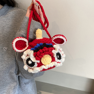 红色国潮醒狮包女包手工毛线diy成品包新年儿童小包包斜挎单肩包