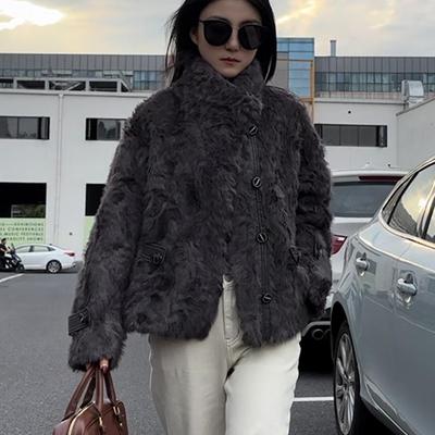 深灰色仿羊羔毛外套女冬季