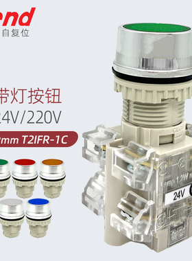 220V按钮自复位TEND天得带灯24V绿色T2IFR7G-1C 启动停止开关22mm