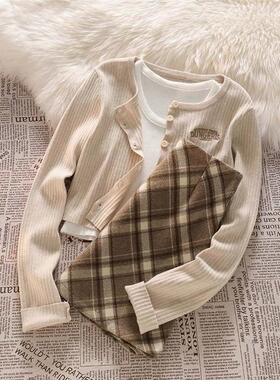 韩系时髦套装洋气辣妹短款开衫毛衣女纯欲背心吊带格子短裙三件套