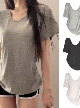 2025夏季港风复古上衣女显瘦百搭韩版时尚宽松简约灰色v领短袖t恤