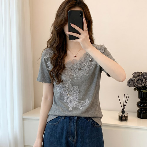 小众立体花朵蕾丝设计感T恤女2026夏季大码胖mm小众百搭独特上衣
