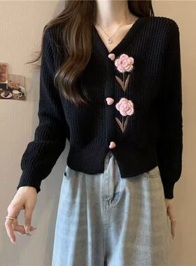 百搭爆款法式小香风V领针织衫开衫立体花朵毛衣外套韩系显瘦外穿