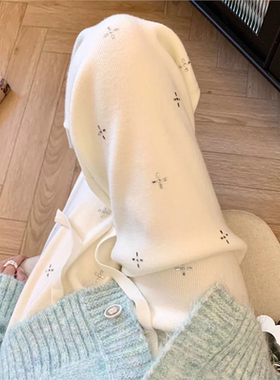 高个子白色烫钻针织阔腿裤女秋冬小个子亮闪闪糯米显示直筒裤子