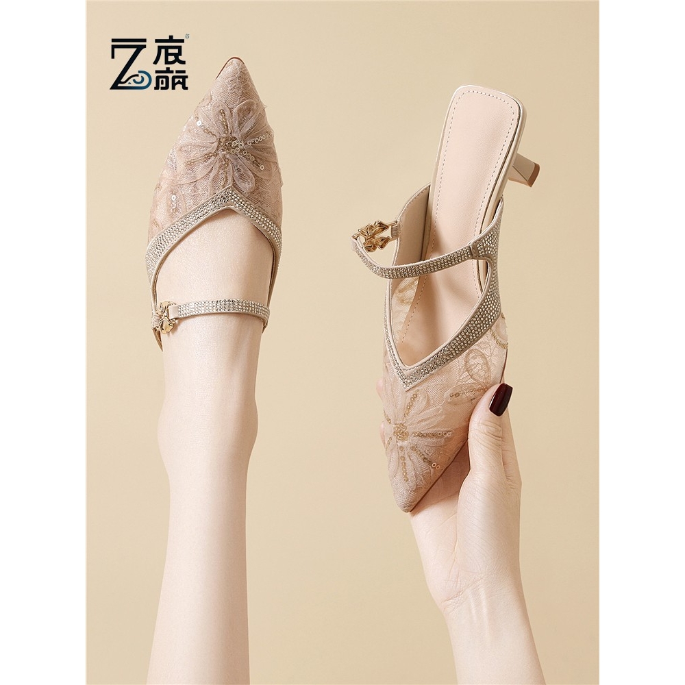 莆田纯原尖头一字带网纱凉鞋女2025年夏季新款包头半拖鞋女外穿软