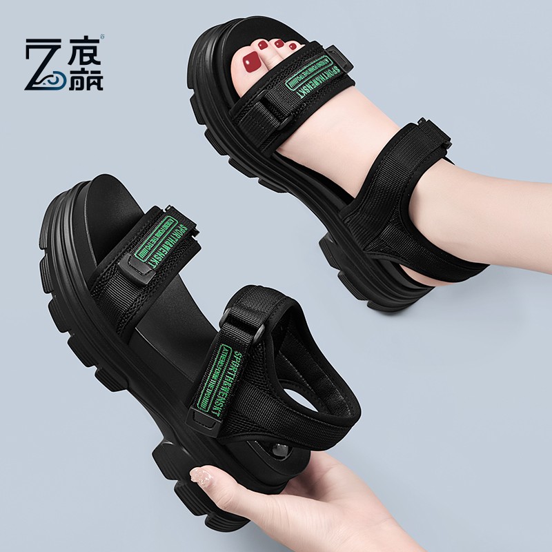 莆田纯原黑色运动凉鞋女2025年新款夏季厚底舒适坡跟轻便软底休闲