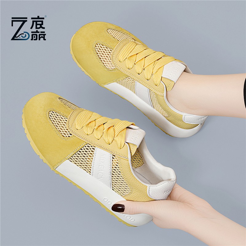 莆田纯原真皮休闲运动透气网面登山跑步华夫大头老爹板鞋黄色阿甘
