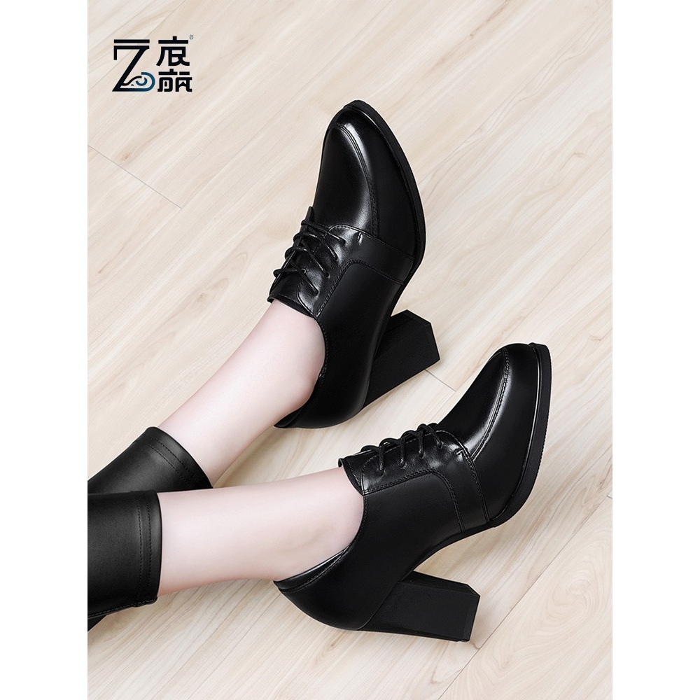 莆田纯原小皮鞋女高跟春秋久站不累脚秋季真皮深口单鞋黑色系带正