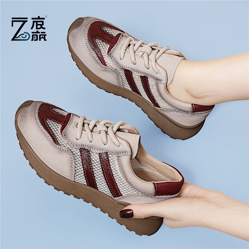 莆田纯原真皮网纱阿甘鞋女板鞋复古拼色德训鞋低帮运动跑步鞋镂空